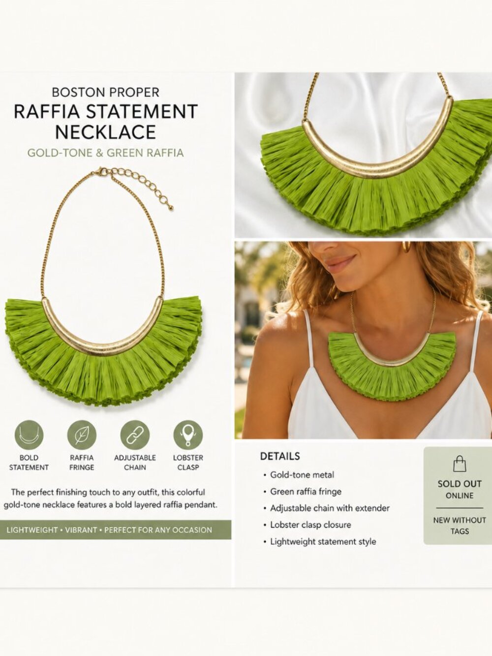 Boston Proper Green Raffia Fringe Statement Necklace